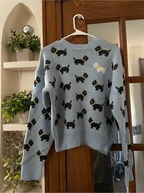 Light Blue Crewneck Sweater with Dog Motif - Women's